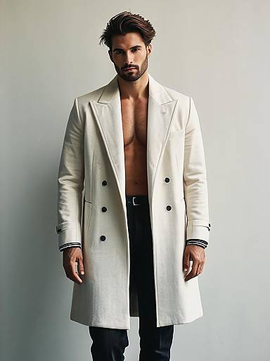 Man in Modern Fashion Costume Double-Breasted Coat at Fashion Event