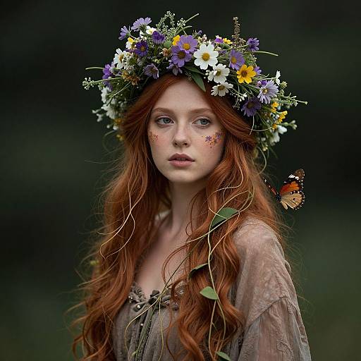 Red-Haired Woman with Floral Crown and Butterfly in Bohemian Portrait
