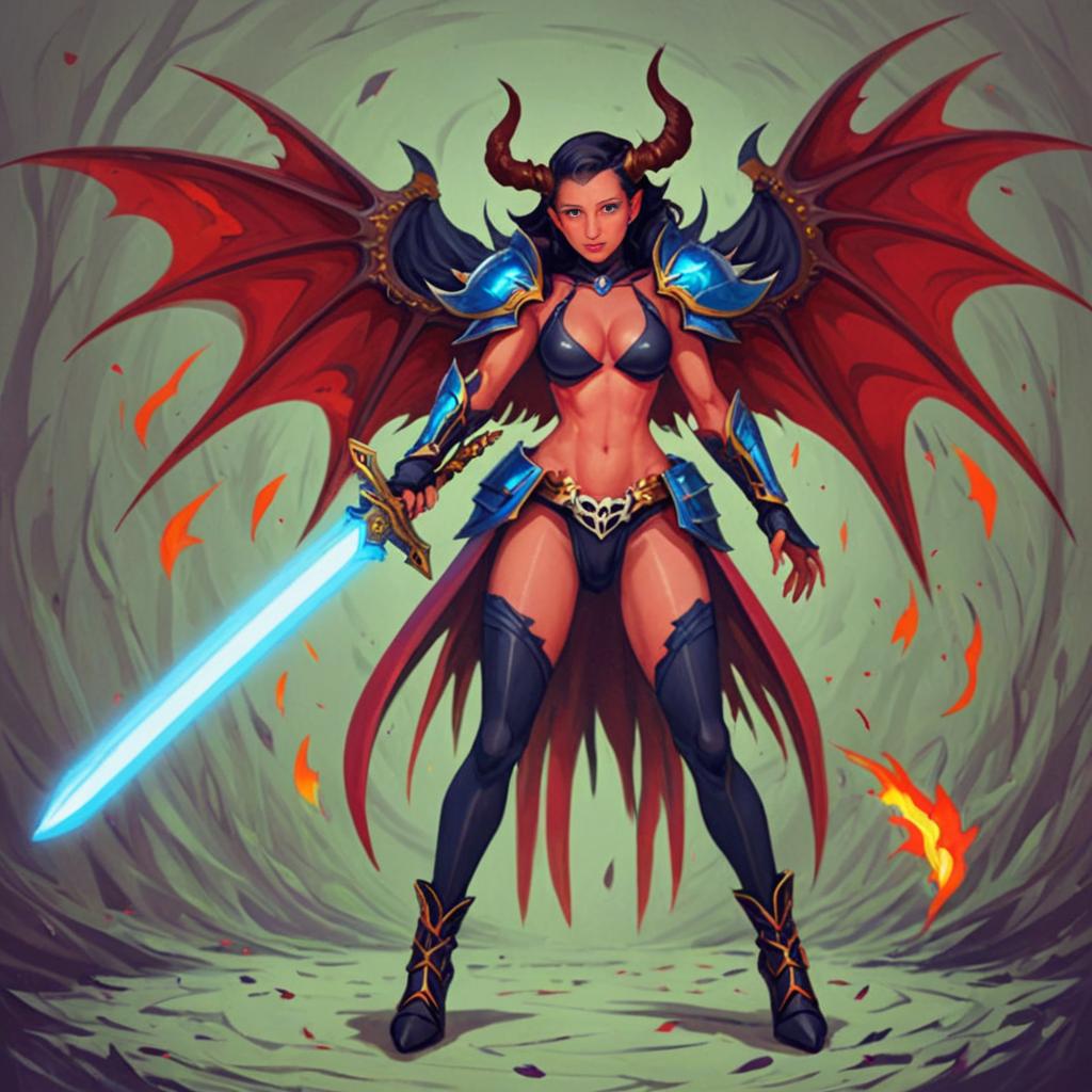 Fierce Female Warrior with Demon Wings and Blue Sword