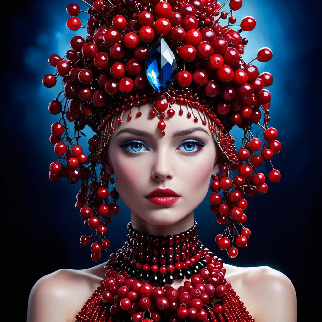 Woman with Elaborate Berry Headdress and Blue Gemstone