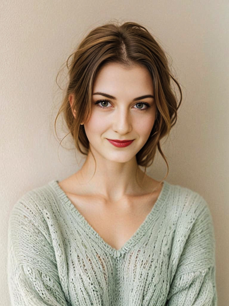 Serene portrait of a smiling woman in a light green sweater