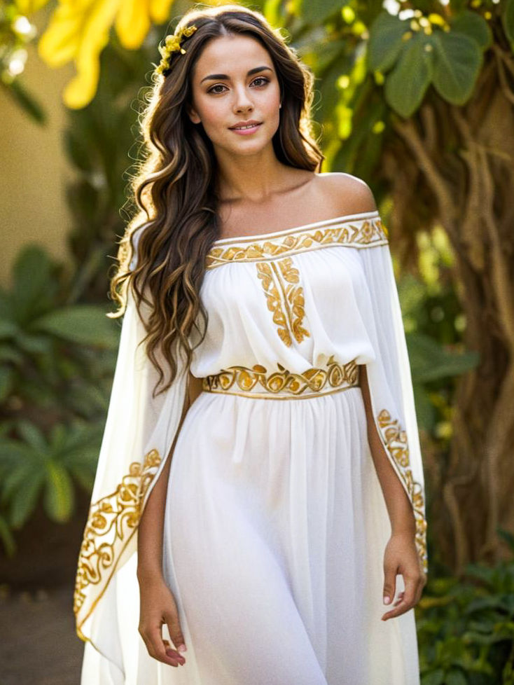 Elegant Woman in White Dress with Floral Crown