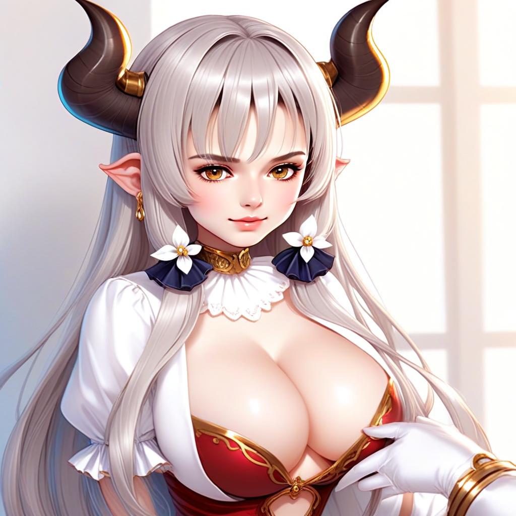 Alicia Fantasy Woman with Horns and Silver Hair Anime Illustration
