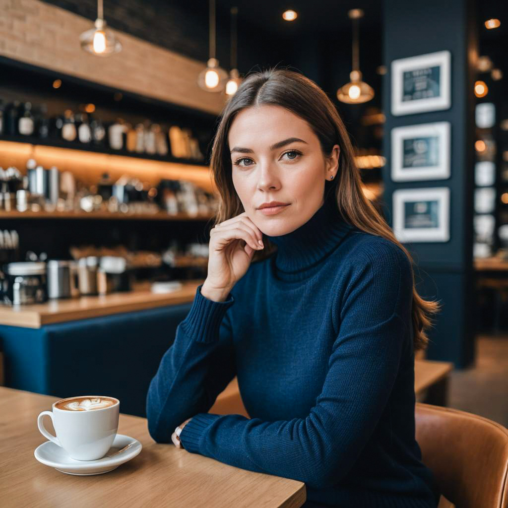 Thoughtful woman in cozy café with coffee