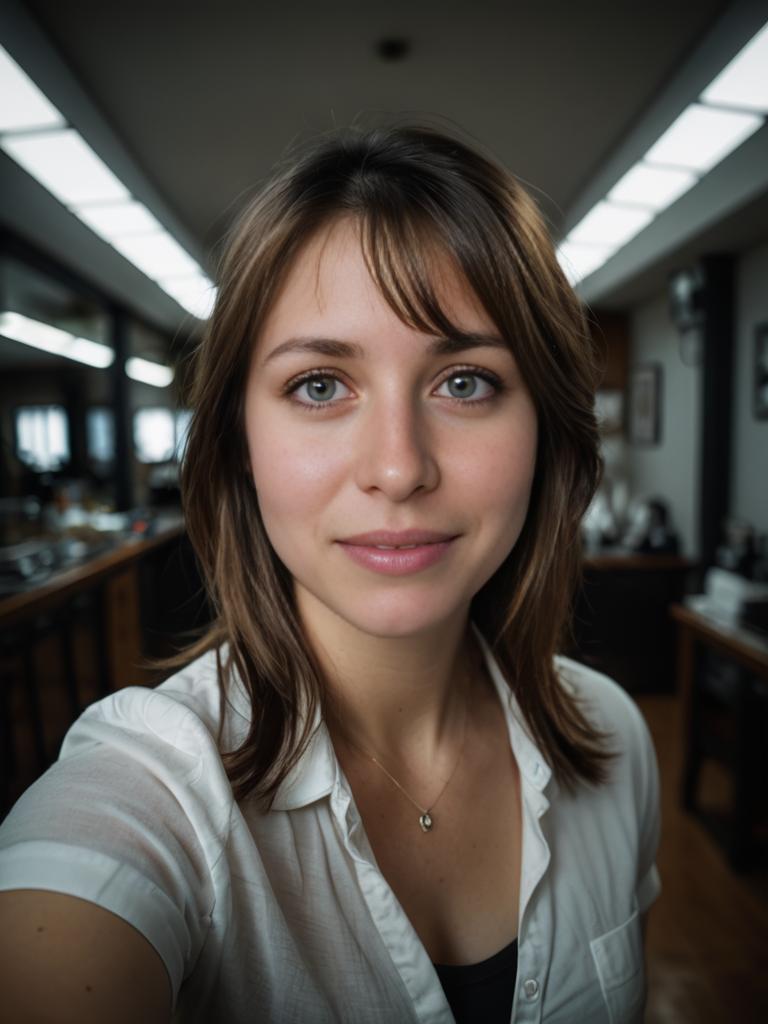 Woman with Brown Hair and Green Eyes in Modern Office