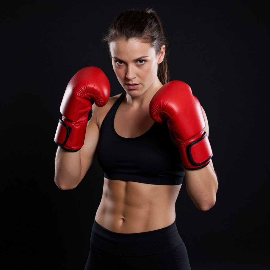 Focused Female Boxer Wearing Red Gloves in Fighting Stance