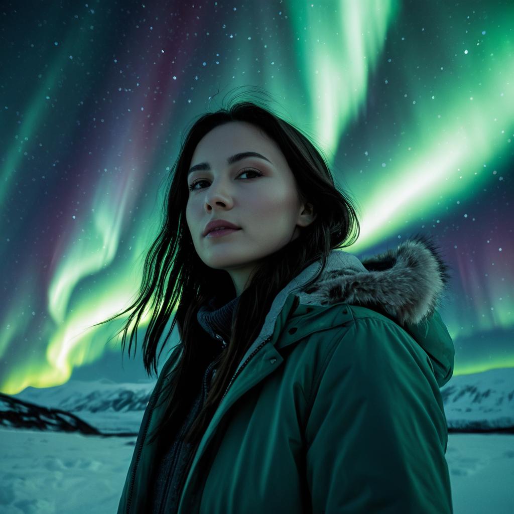 Woman Observing Northern Lights Under Aurora Borealis in Winter Landscape