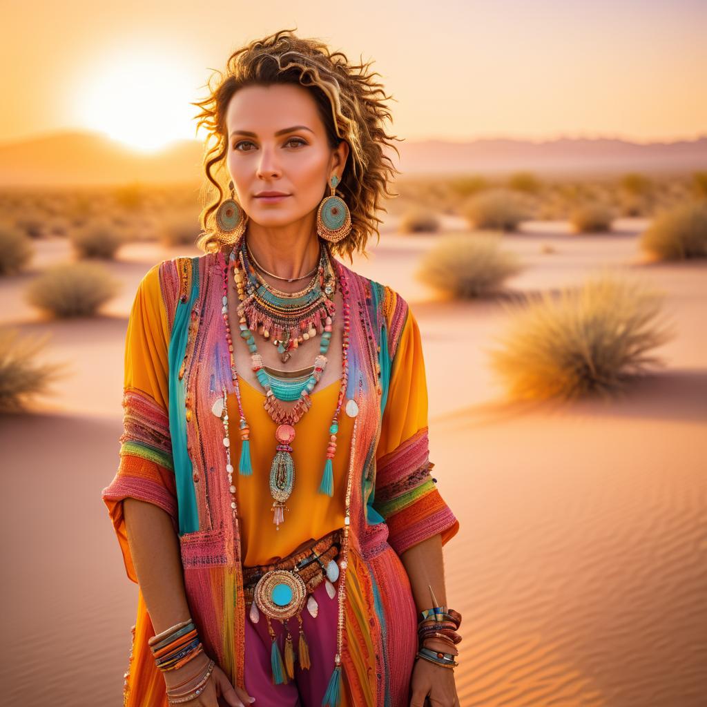 Confident Woman in Bohemian Attire at Sunset in Desert