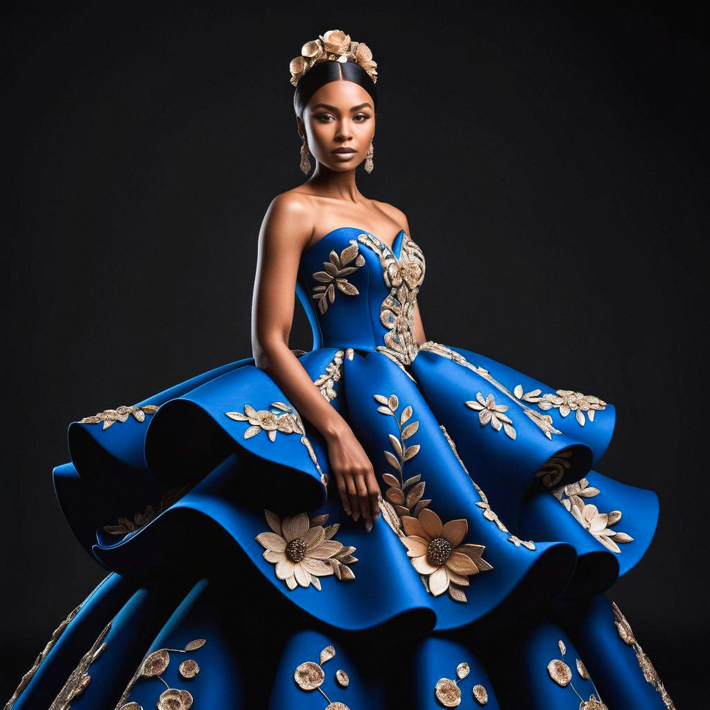 Elegant Woman in Royal Blue Ball Gown with Gold Embroidery
