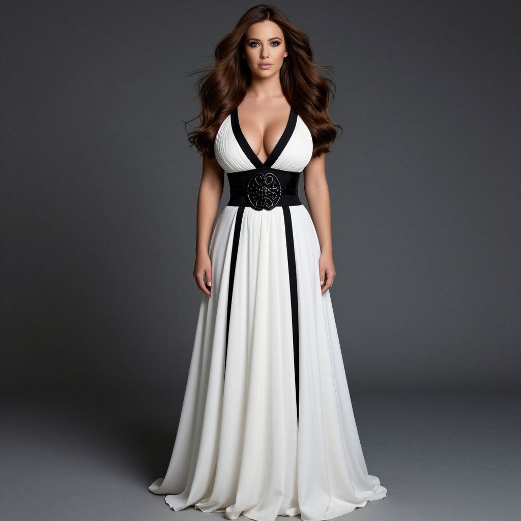 Elegant Woman in Flowing White and Black Evening Gown