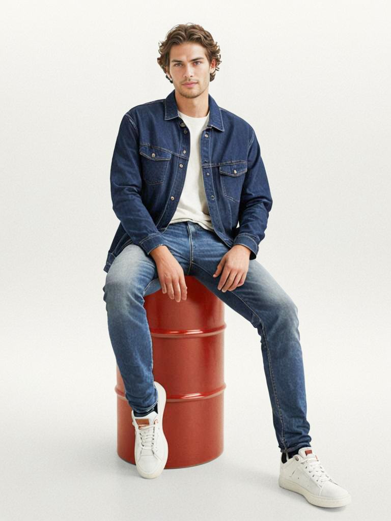 Young Man in Denim Jacket on Red Stool