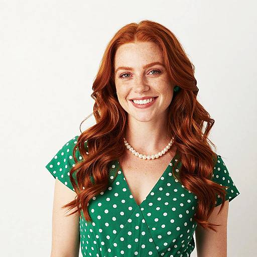 Smiling Redhead Woman in Green Polka Dot Dress with Pearl Necklace