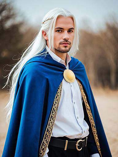 Man in Blue Royal Cape with White Hair Outdoors Fantasy Style