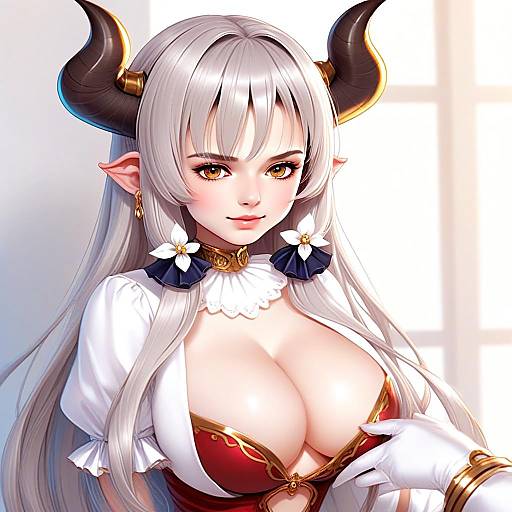 Alicia Fantasy Woman with Horns and Silver Hair Anime Illustration