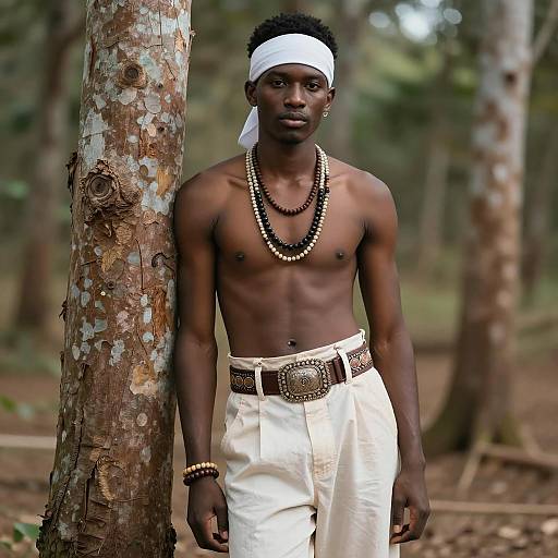 Shirtless Young Man in White Headband and Beaded Accessories Outdoors