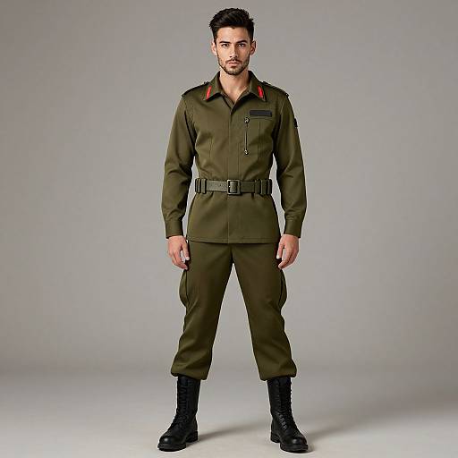Man Wearing Olive Green Military Style Uniform with Red Insignias