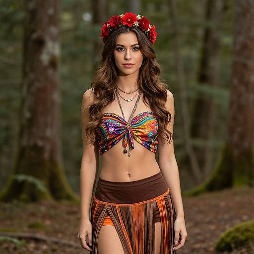 Bohemian Woman with Floral Crown and Vibrant Outfit in Forest