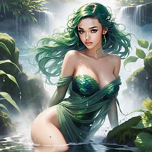 Fantasy Water Nymph with Green Hair in Waterfall Pool Digital Art