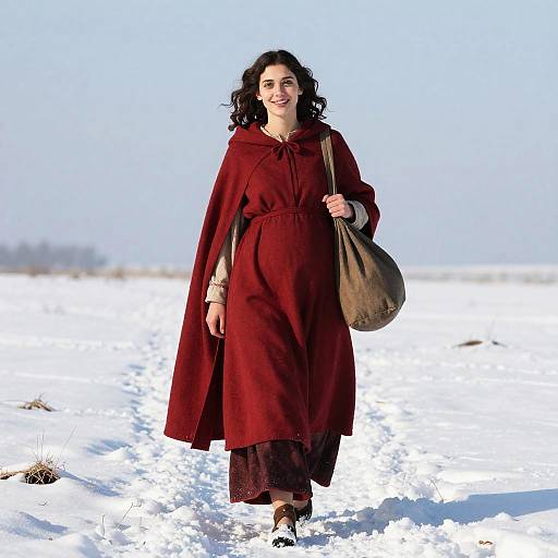 Woman in Red Cloak Walking Through Snowy Landscape