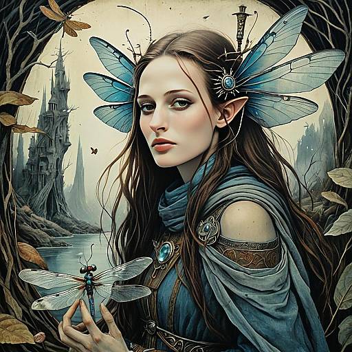 Mystical Elf Woman with Butterfly Wings in Fantasy Forest