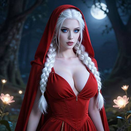 Fantasy Woman in Red Hooded Gown with White Braids in Moonlit Forest