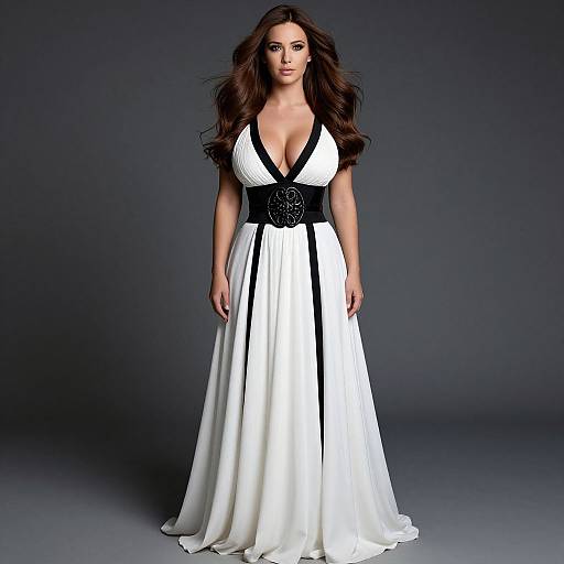 Elegant Woman in Flowing White and Black Evening Gown