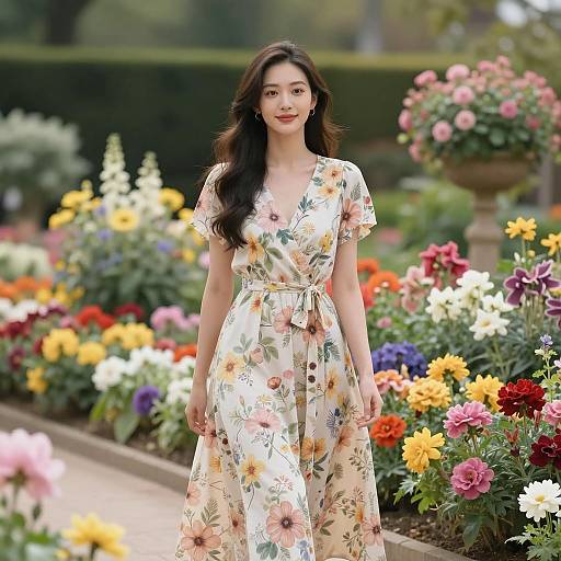 Young Woman in Floral Dress Walking Through Flower Garden