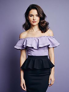 Elegant Woman in Off-Shoulder Lilac Top and Black Peplum Skirt Fashion Portrait