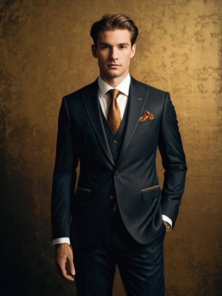 Man in Elegant Dark Formal Suit with Bronze Tie and Pocket Square Man in Elegant Dark Formal Suit with Bronze Tie and Pocket Square