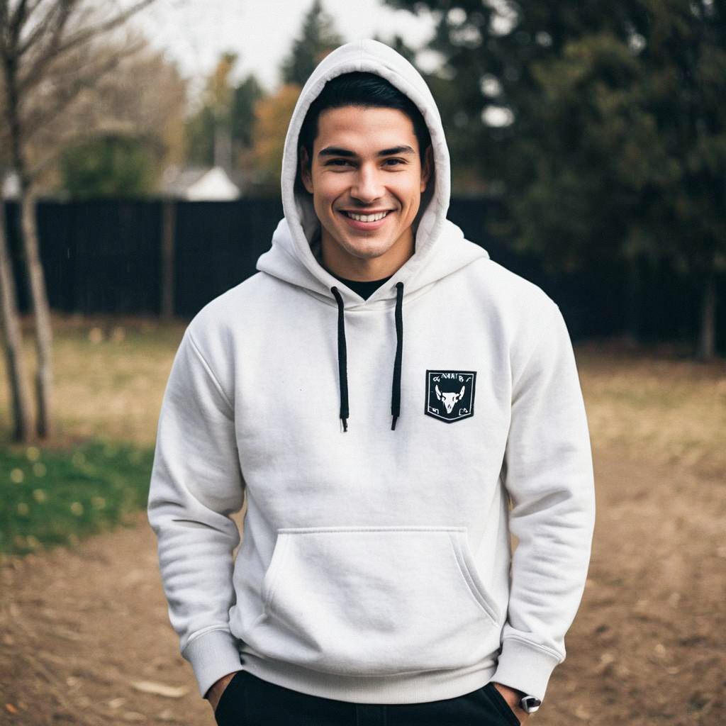 Young Man in White Hoodie Smiling Outdoors