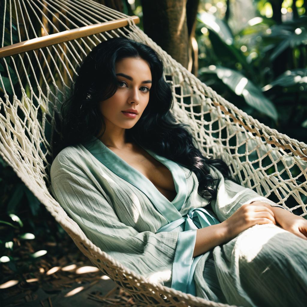 Relaxed Woman in Hammock Wearing Light Robe in Tropical Garden