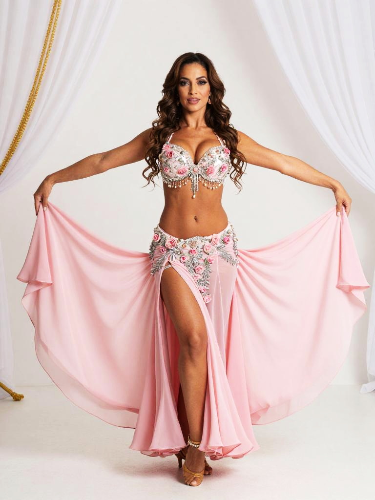 Elegant Pink Belly Dance Costume Woman with Floral Embroidery