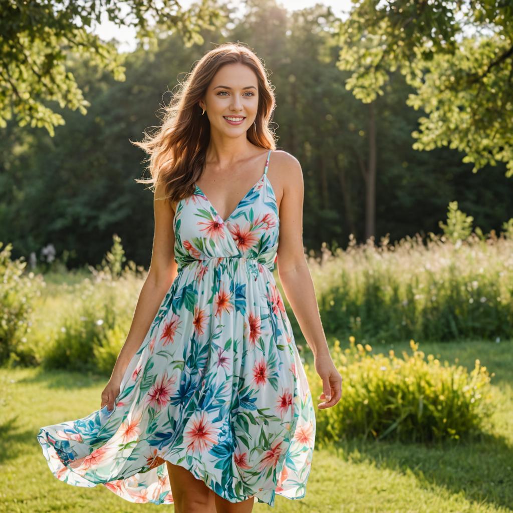 Joyful Woman in Floral Dress Walking in Green Field