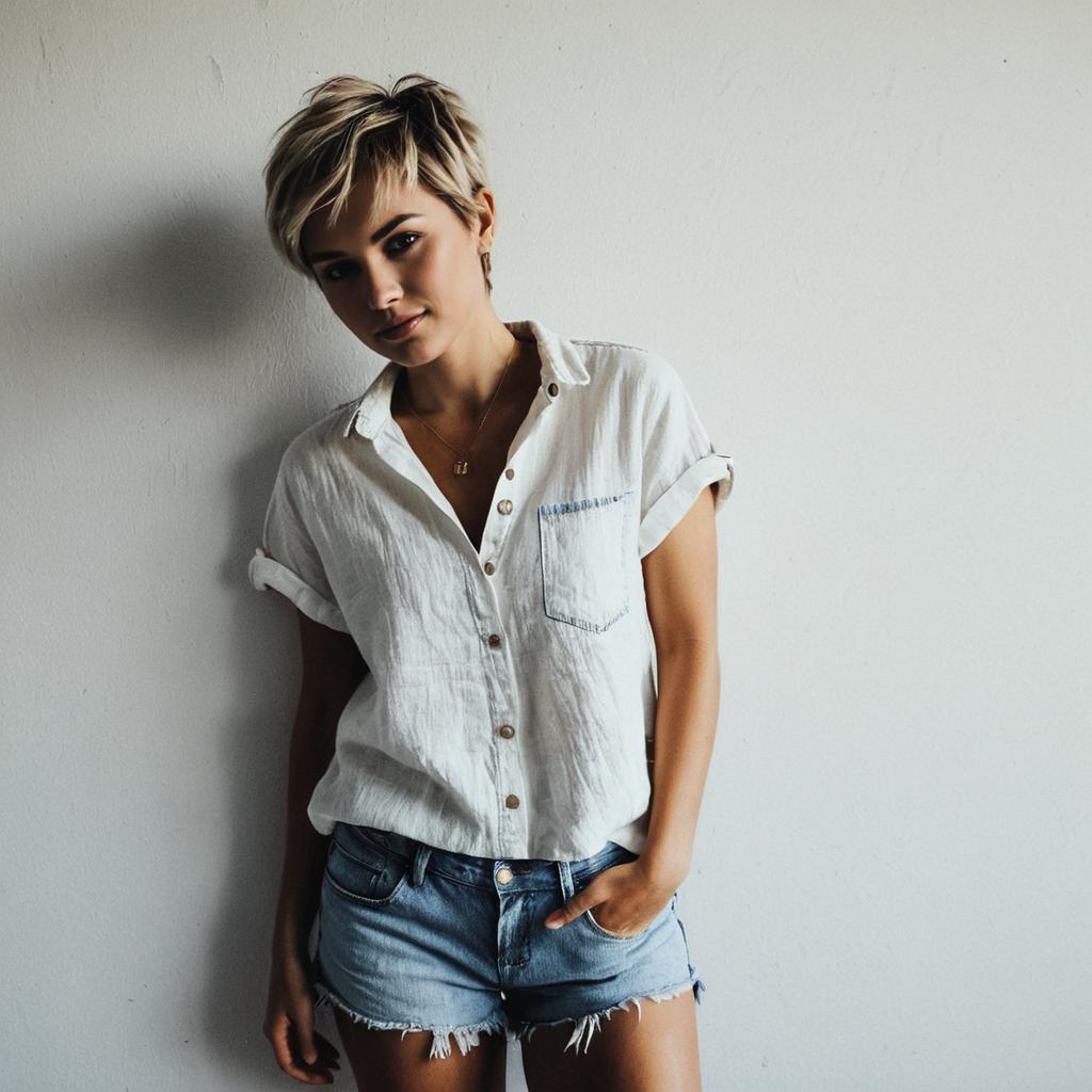 Casual Young Woman in White Shirt and Denim Shorts Against Plain Wall
