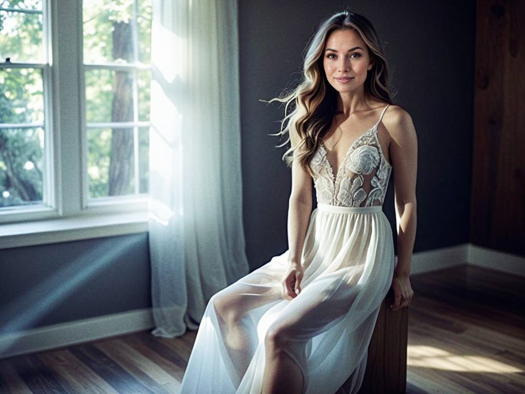 Elegant Woman in White Dress with Lace Details