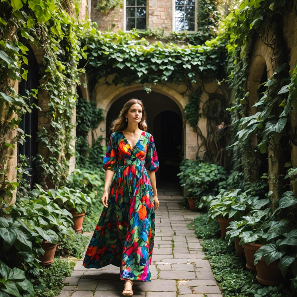 Woman in Floral Dress in Lush Garden