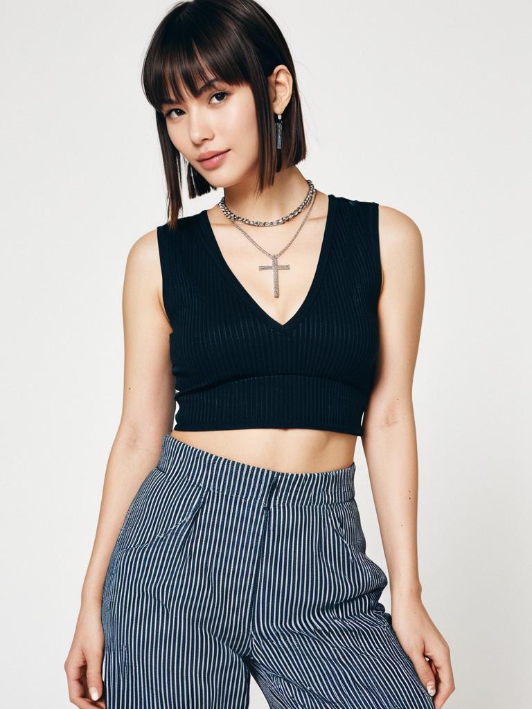 Woman in Contemporary Casual Black Ribbed Crop Top with Deep V Neckline and Striped Pants