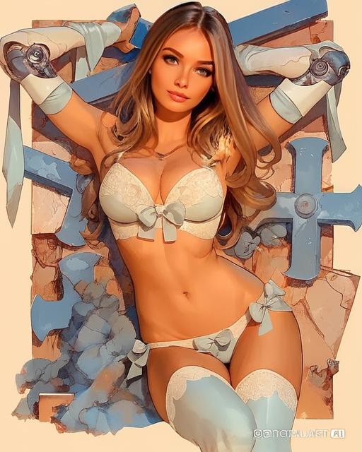 Stylish Digital Illustration of Woman in Elegant Lingerie with Blue Accents