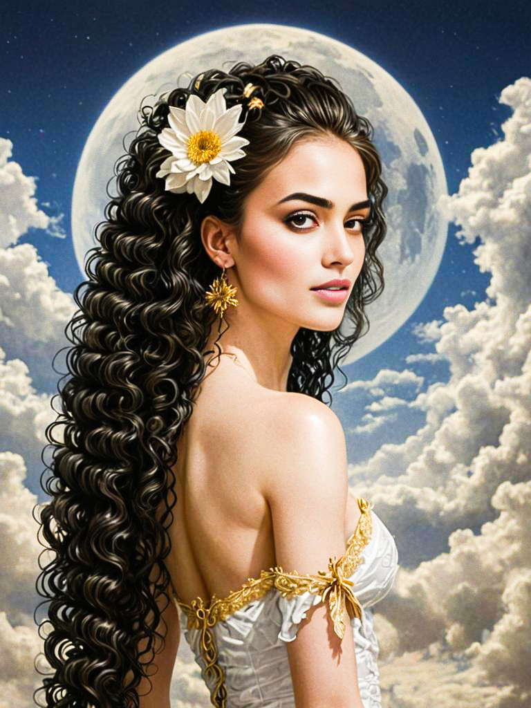 Ethereal Woman in Off-Shoulder Dress with Moonlit Background Ethereal Woman in Off-Shoulder Dress with Moonlit Background
