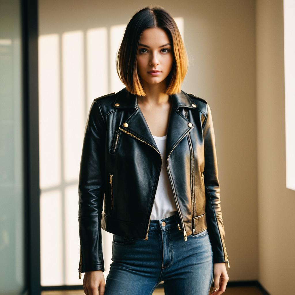 Young Woman Wearing Black Leather Jacket and Blue Jeans Indoors