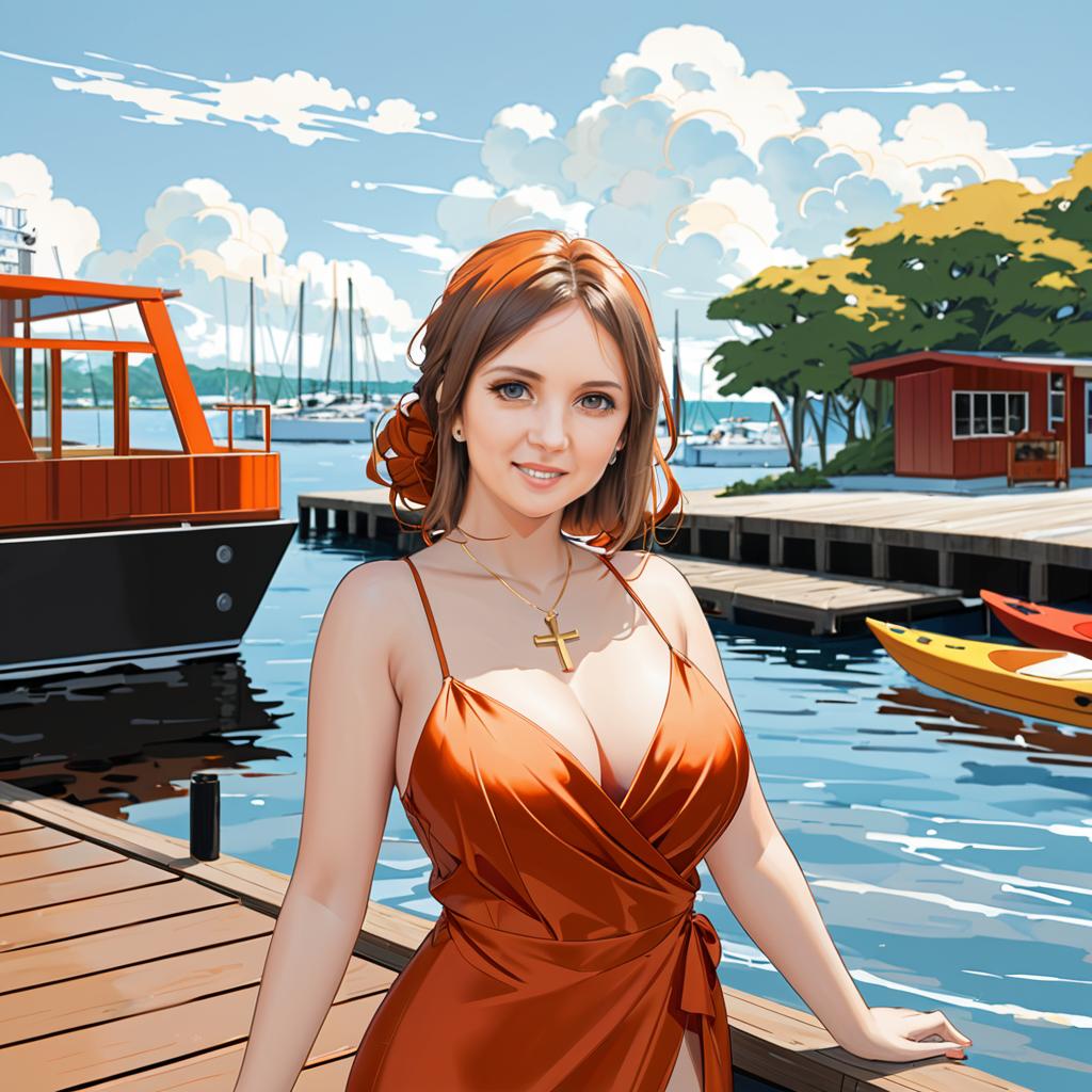 Anime Woman in Orange Dress at Scenic Dock