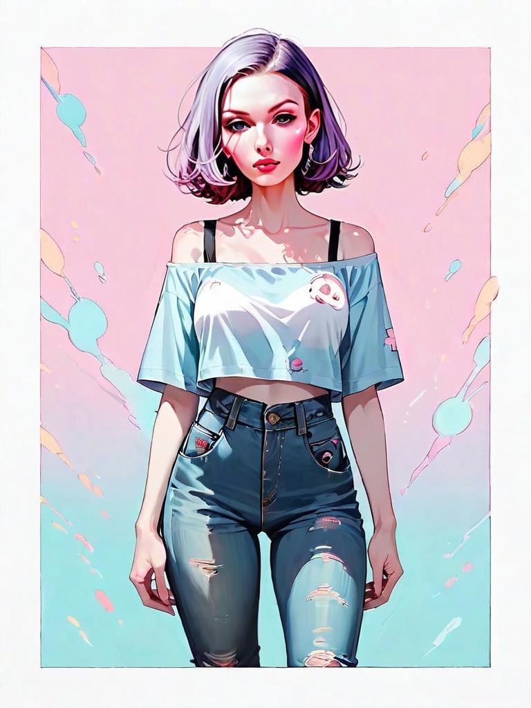 Stylish Young Woman Wearing Off-the-Shoulder Knit Top and High-Waisted Ripped Jeans Digital Art