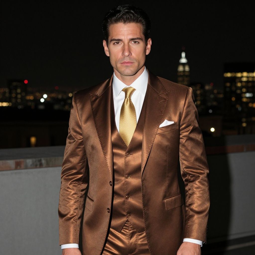 Man in Bronze Satin Three-Piece Suit with Gold Tie Night City Background