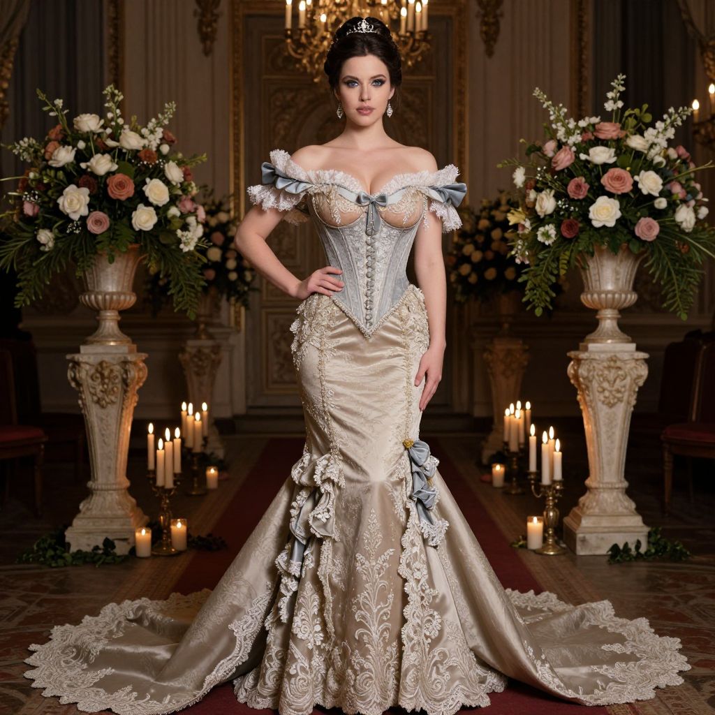 Elegant Woman in Vintage Bridal Gown with Tiara in Ornate Hall