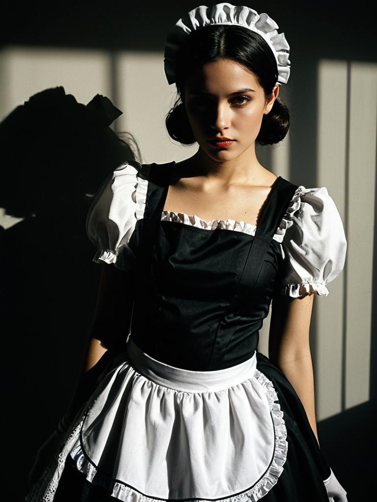 Young Woman in Classic French Maid Outfit with Dramatic Shadows Waist-Up