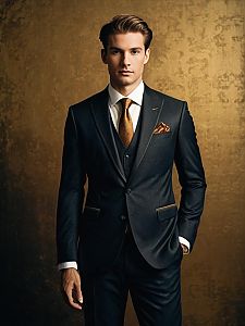 Man in Elegant Dark Formal Suit with Bronze Tie and Pocket Square