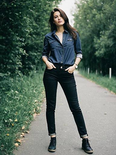 Woman in Black Jeans and Denim Shirt Full Body Outdoor Fashion Photo