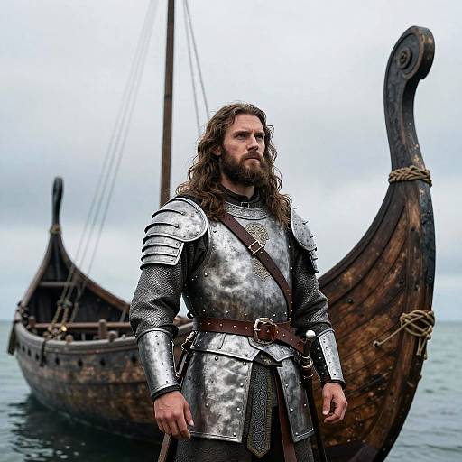 Medieval Viking Warrior in Armor by Traditional Viking Ship