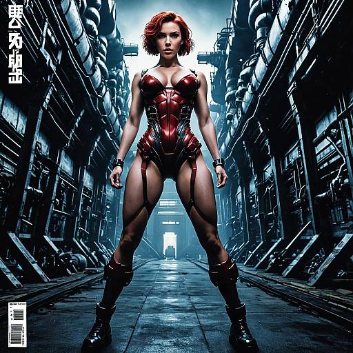 Futuristic Woman in Red Cybernetic Bodysuit in Industrial Corridor