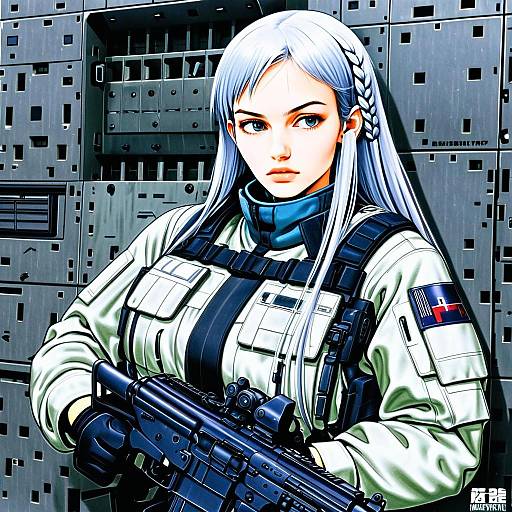 Anime Woman in Tactical Gear with Assault Rifle - AK-15 Inspired Illustration